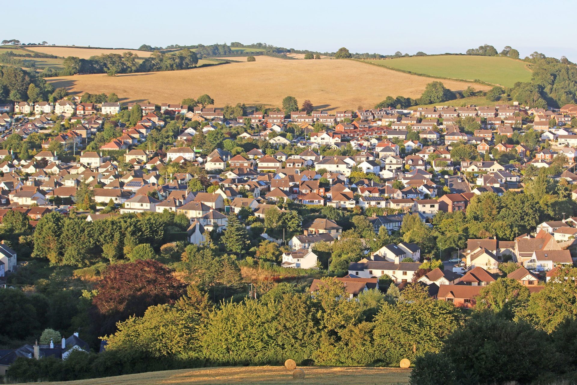 Devon town rooftops in evening light